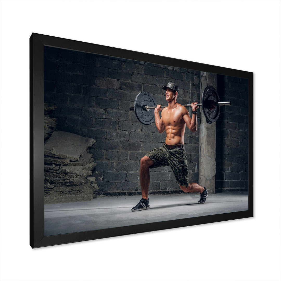 Man Is Doing Lunge With Barbell - Aerobic &amp; Bodybuilding Canvas Wall Art