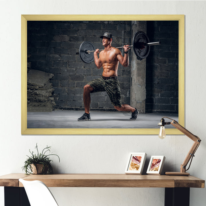 Man Is Doing Lunge With Barbell - Aerobic &amp; Bodybuilding Canvas Wall Art