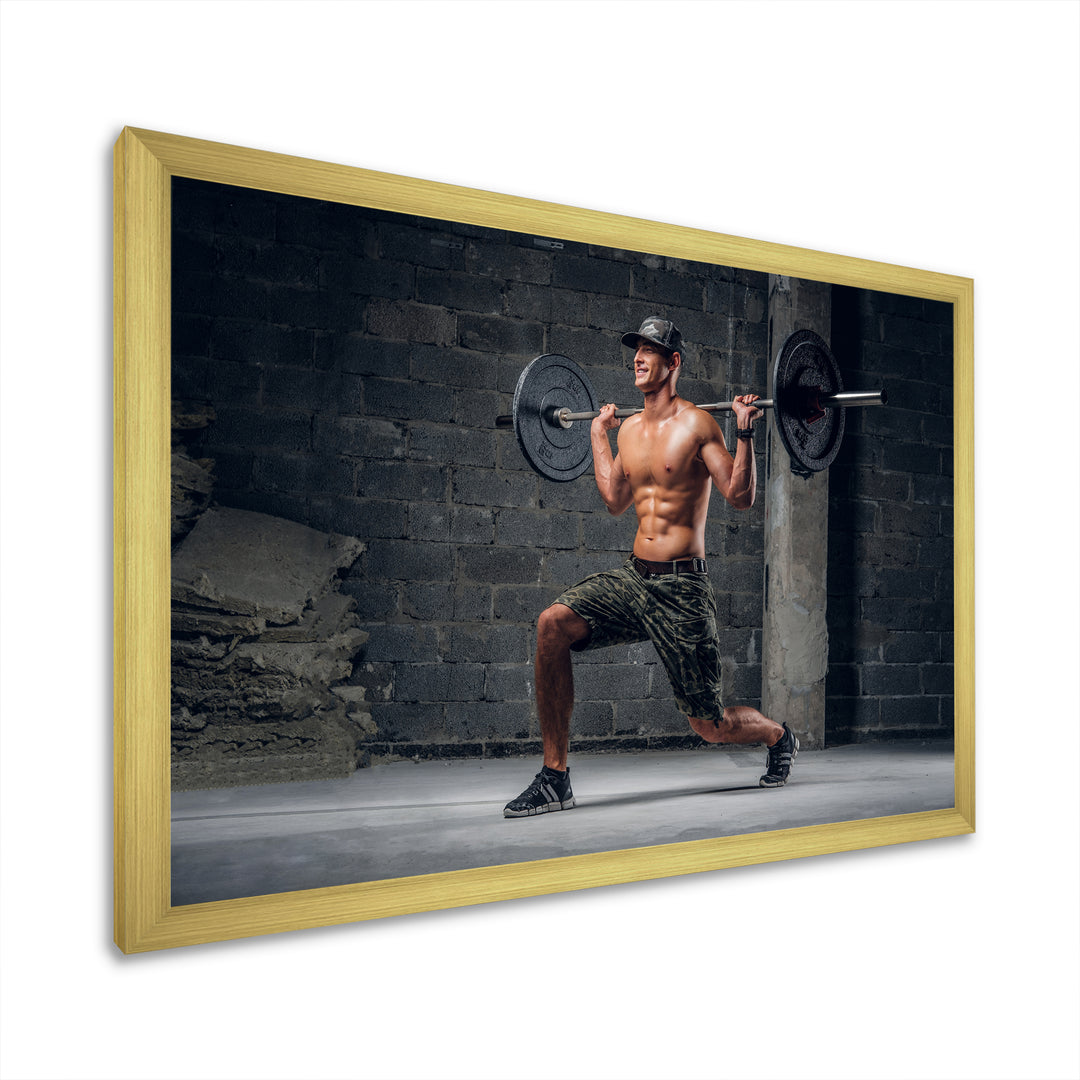 Man Is Doing Lunge With Barbell - Aerobic &amp; Bodybuilding Canvas Wall Art