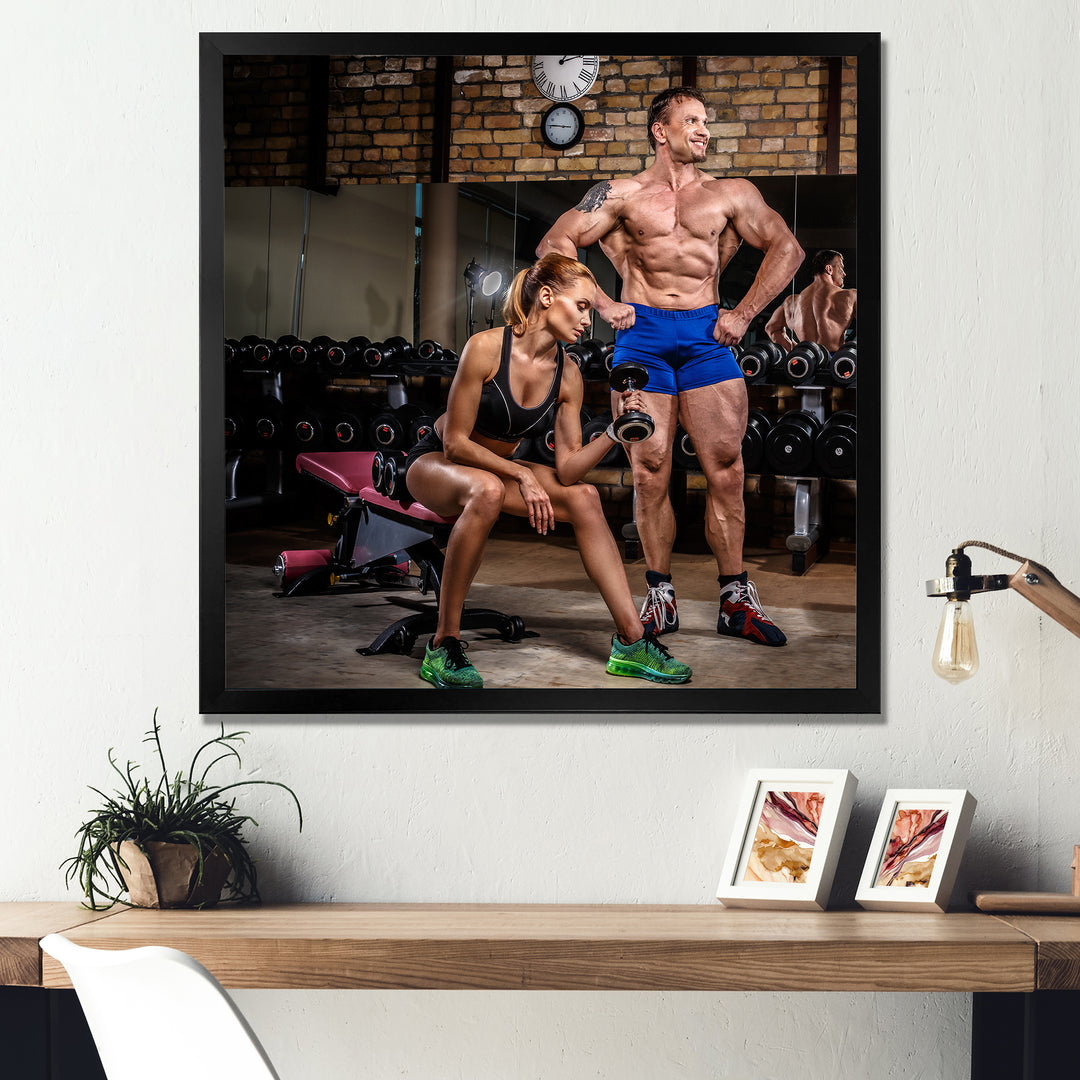 Sports Couple Is Working Out Gym - Aerobic &amp; Bodybuilding Canvas Wall Art