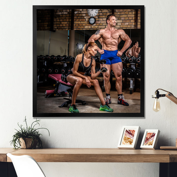 Sports Couple Is Working Out Gym - Aerobic &amp; Bodybuilding Canvas Wall Art