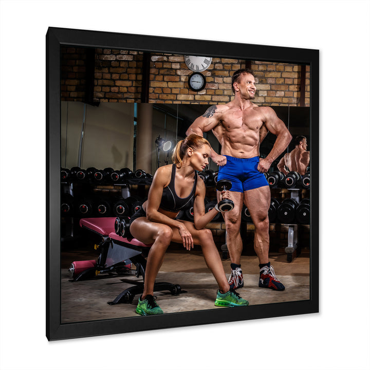 Sports Couple Is Working Out Gym - Aerobic &amp; Bodybuilding Canvas Wall Art