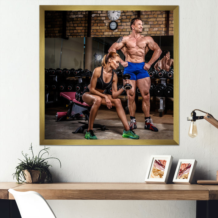 Sports Couple Is Working Out Gym - Aerobic &amp; Bodybuilding Canvas Wall Art