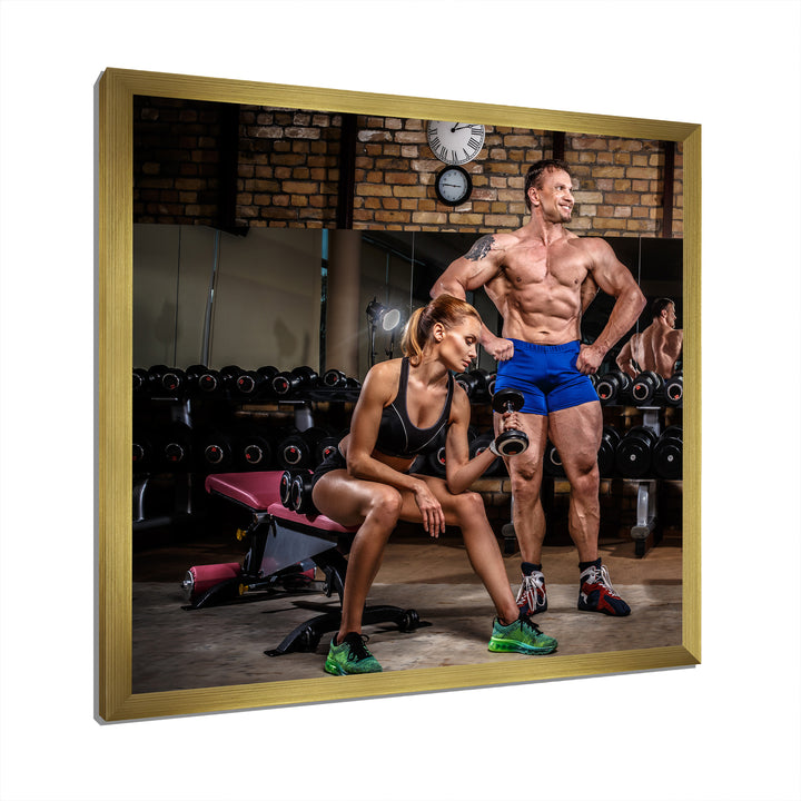 Sports Couple Is Working Out Gym - Aerobic &amp; Bodybuilding Canvas Wall Art