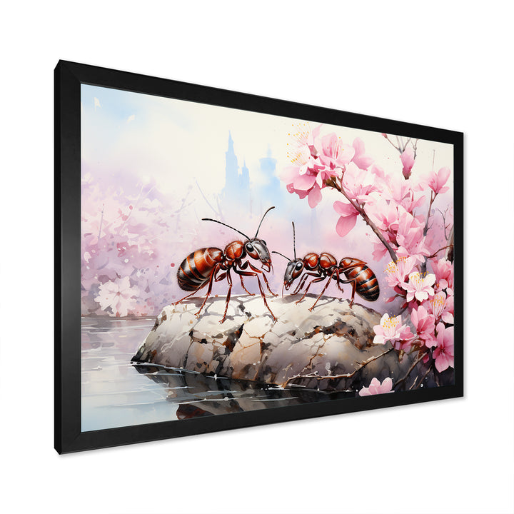Pastel Gatherers Red Ants Pink Blossoms - Ant Wall Art Prints