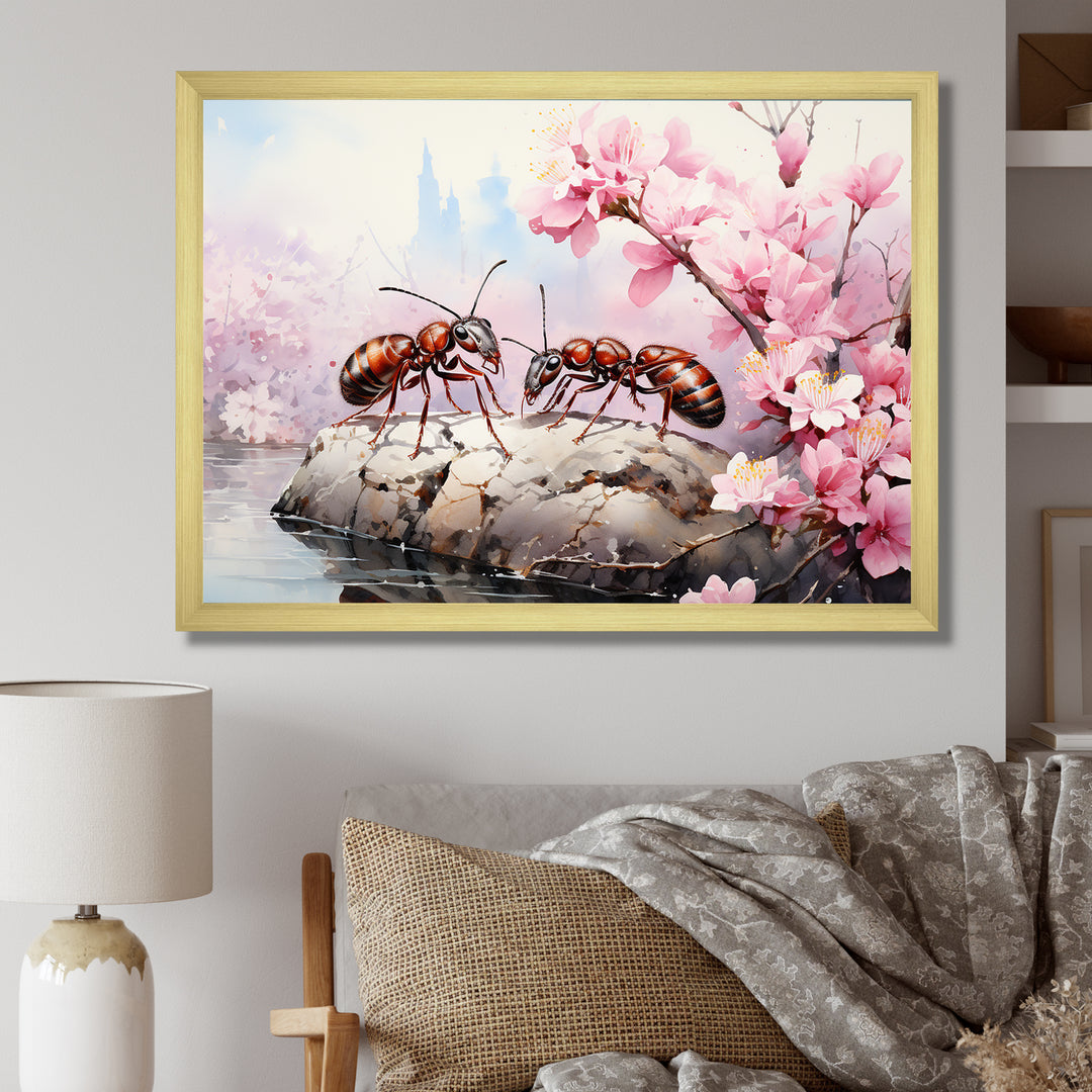 Pastel Gatherers Red Ants Pink Blossoms - Ant Wall Art Prints