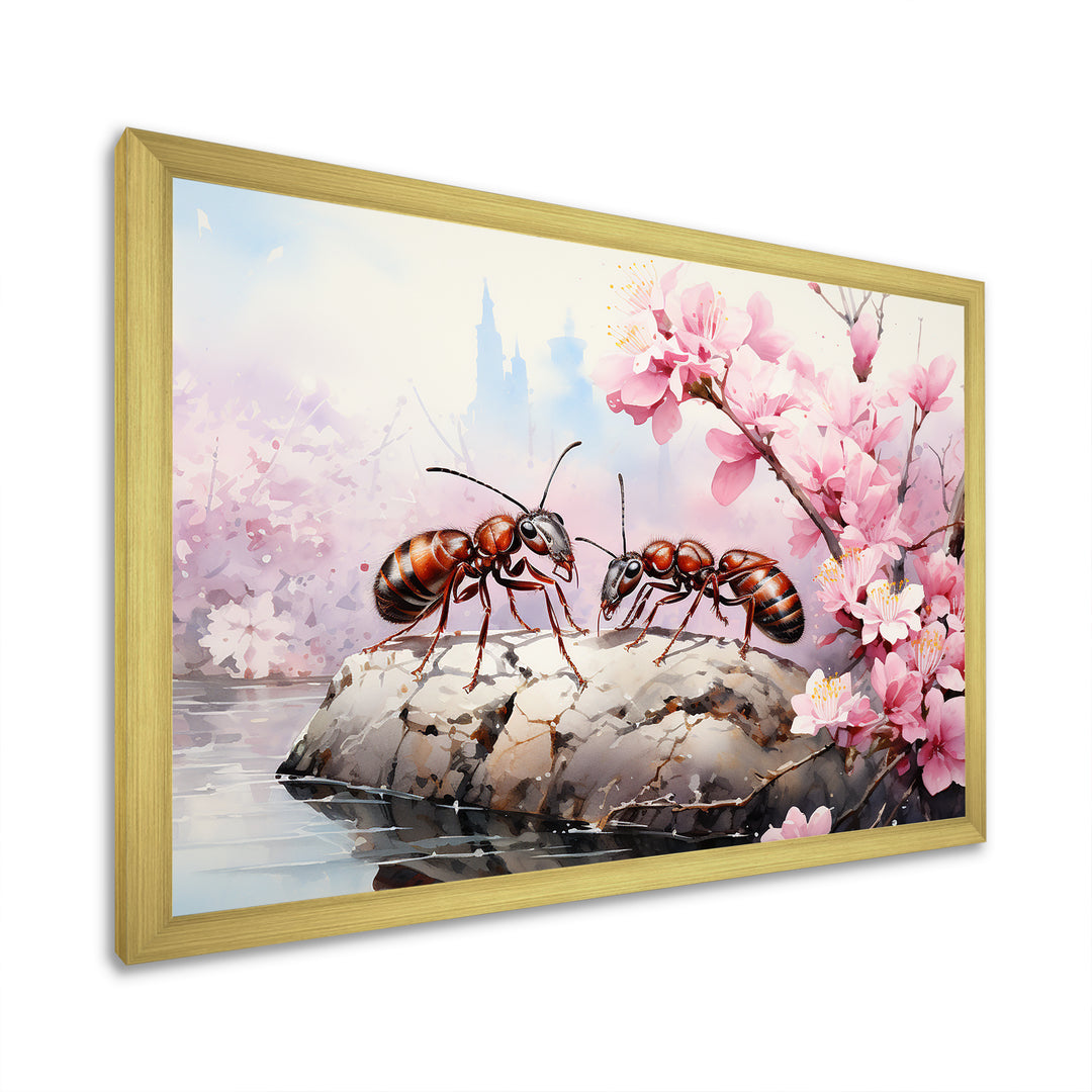 Pastel Gatherers Red Ants Pink Blossoms - Ant Wall Art Prints