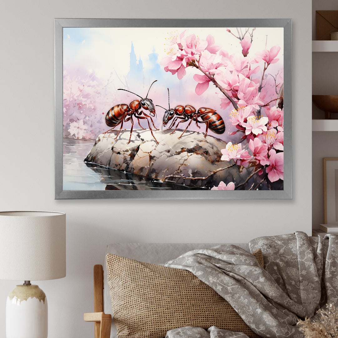 Pastel Gatherers Red Ants Pink Blossoms - Ant Wall Art Prints
