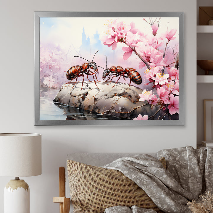 Pastel Gatherers Red Ants Pink Blossoms - Ant Wall Art Prints