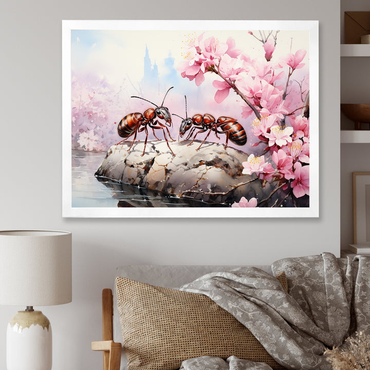 Pastel Gatherers Red Ants Pink Blossoms - Ant Wall Art Prints