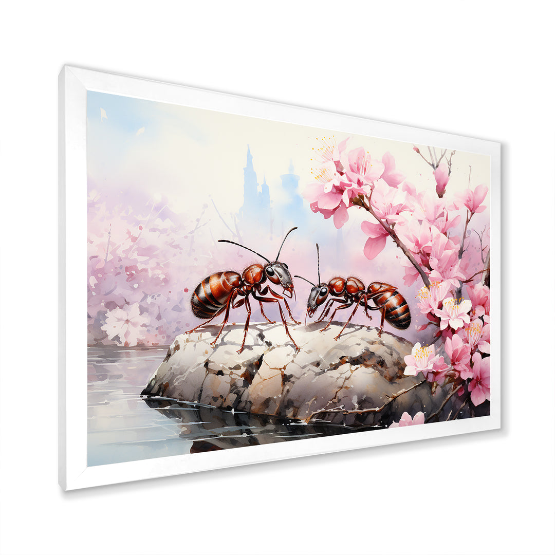 Pastel Gatherers Red Ants Pink Blossoms - Ant Wall Art Prints