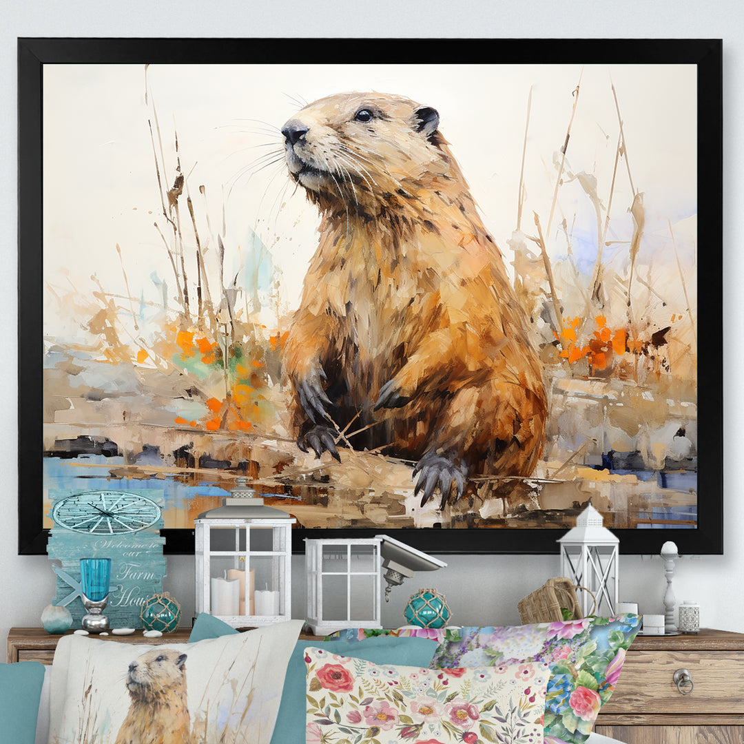 Minimalism Brown Beaver - Beaver Framed Canvas Art