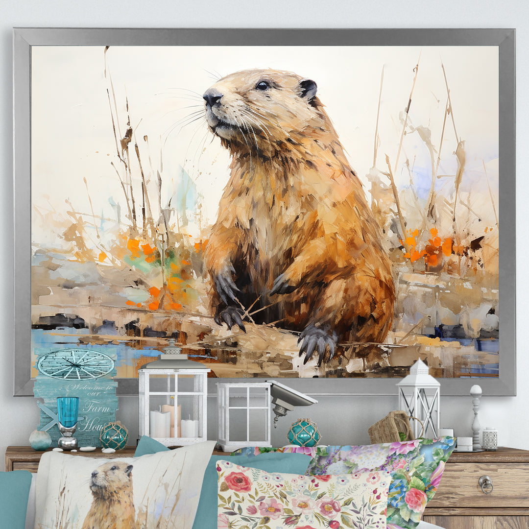 Minimalism Brown Beaver - Beaver Framed Canvas Art
