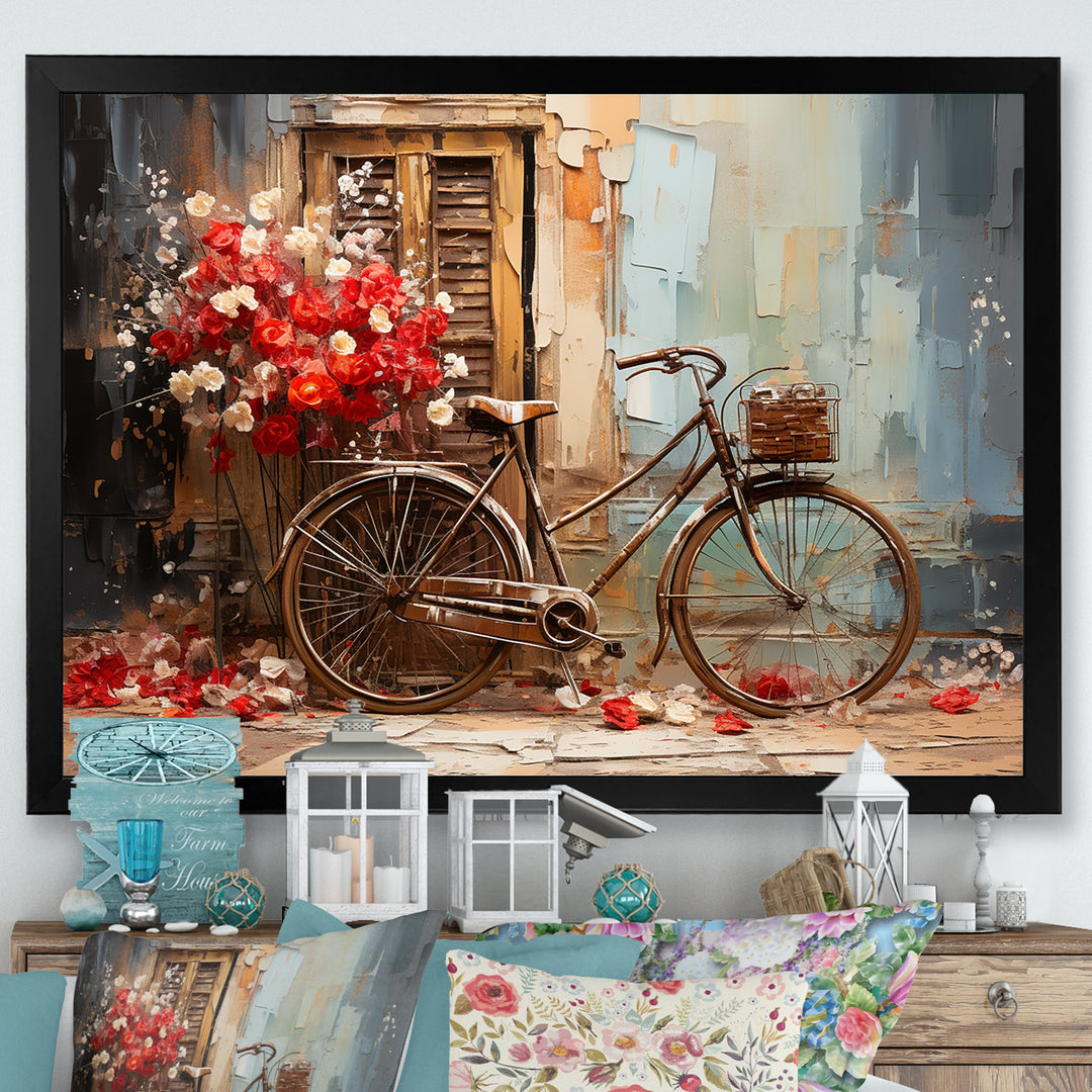 Crimson Ride Red Flowers - Bicycle Canvas Wall Art