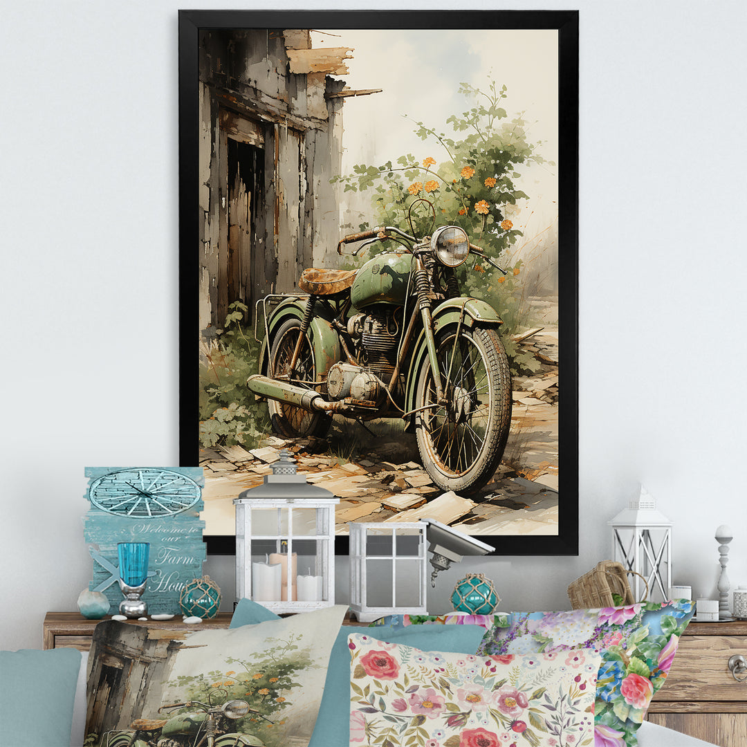 Olive Outing Vintage Motorbike - Bicycle Canvas Wall Art