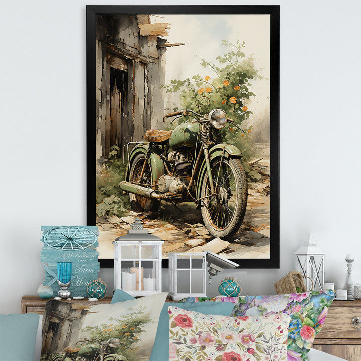 Olive Outing Vintage Motorbike - Bicycle Canvas Wall Art