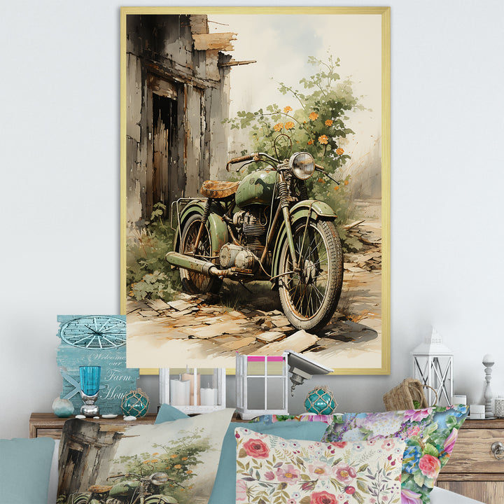 Olive Outing Vintage Motorbike - Bicycle Canvas Wall Art