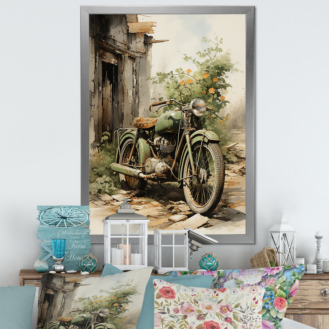 Olive Outing Vintage Motorbike - Bicycle Canvas Wall Art