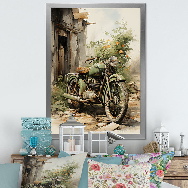 Olive Outing Vintage Motorbike - Bicycle Canvas Wall Art
