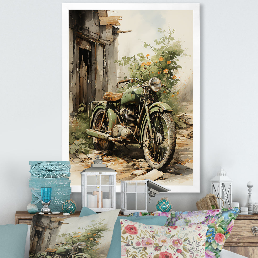 Olive Outing Vintage Motorbike - Bicycle Canvas Wall Art