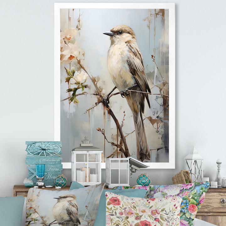 Minimalism Beige Bird On Branch - Bird Wall Decor