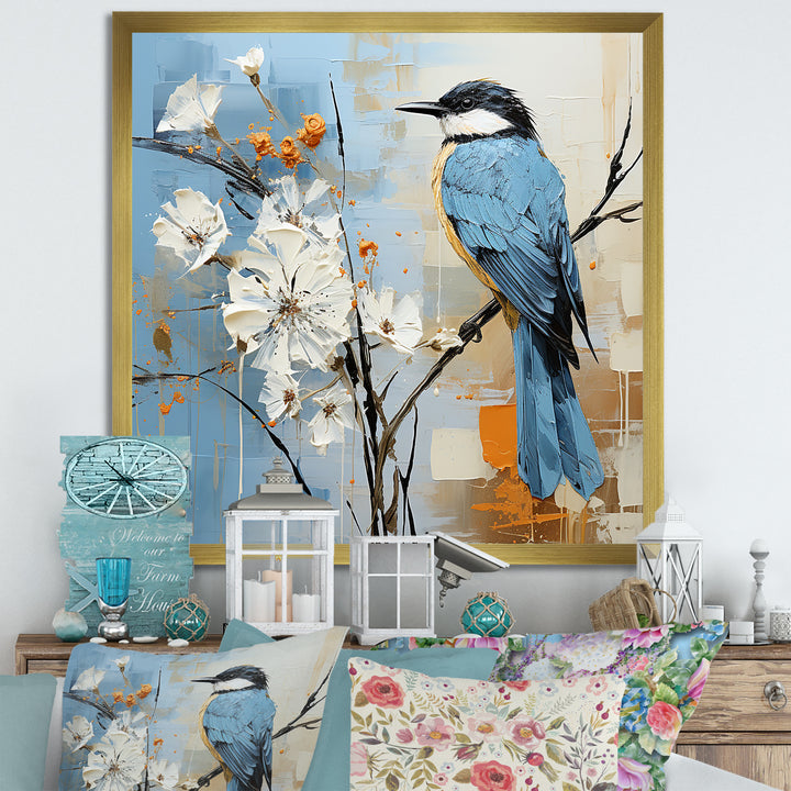 Blue Bird Minimalism White Flowers - Blue Bird Floral Wall Art