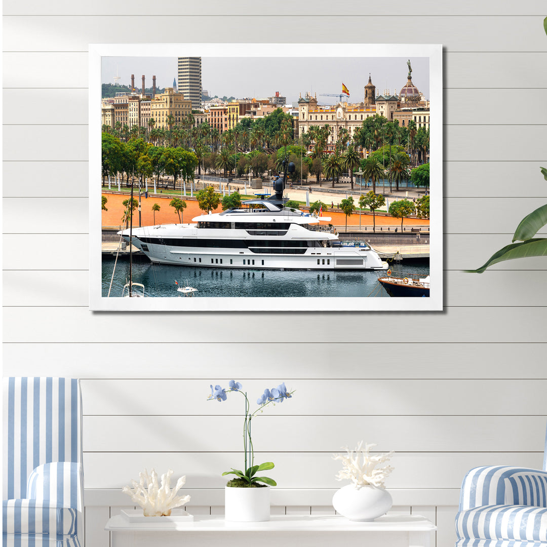 Docked Yacht In Mediterranean Sea Port - Boat Canvas Wall Art