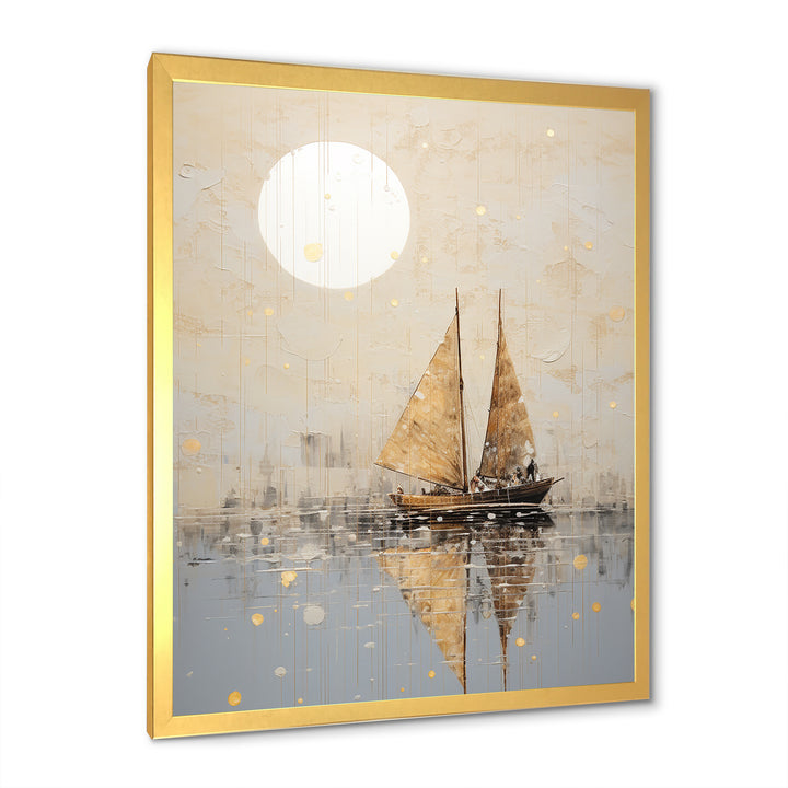 Minimalism Gold And Grey Boat Fishing - Boat Fishing Canvas Wall Art