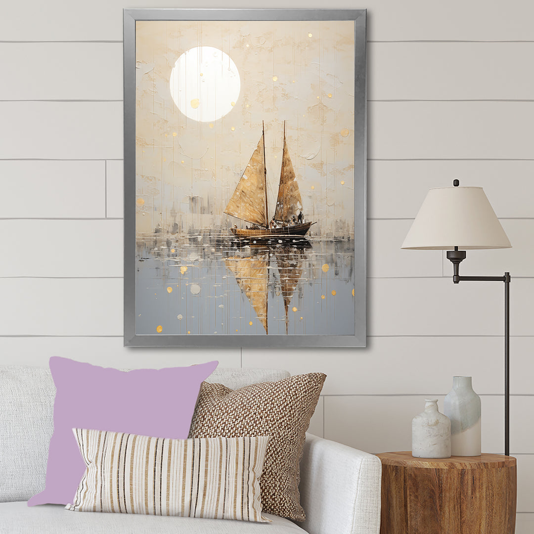 Minimalism Gold And Grey Boat Fishing - Boat Fishing Canvas Wall Art