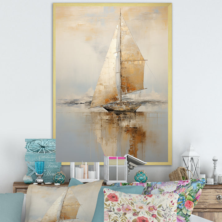 Gold Sailing Charm In The Morning Mist - Boat Sailing Canvas Wall Art
