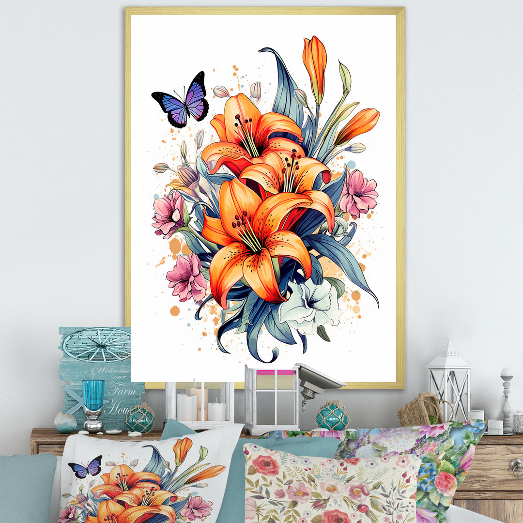 Whimsical Butterfly And Colorful Lilies - Butterfly Bedroom Wall Art