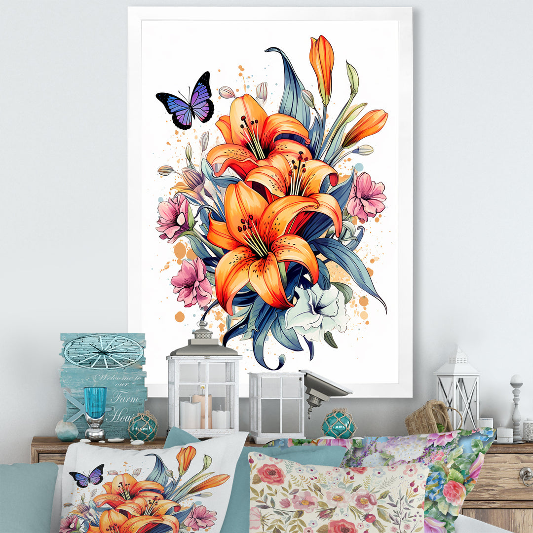 Whimsical Butterfly And Colorful Lilies - Butterfly Bedroom Wall Art