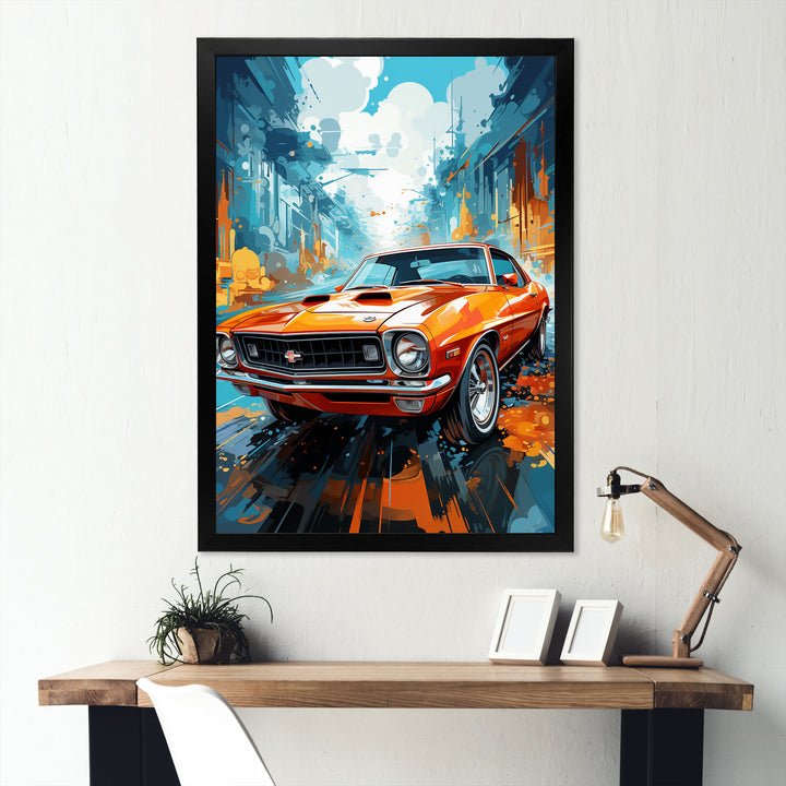 Orange American Muscle Car Collage - Car Vintage Canvas Wall Art