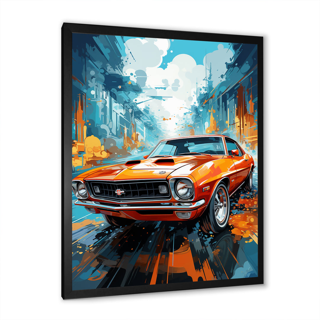 Orange American Muscle Car Collage - Car Vintage Canvas Wall Art