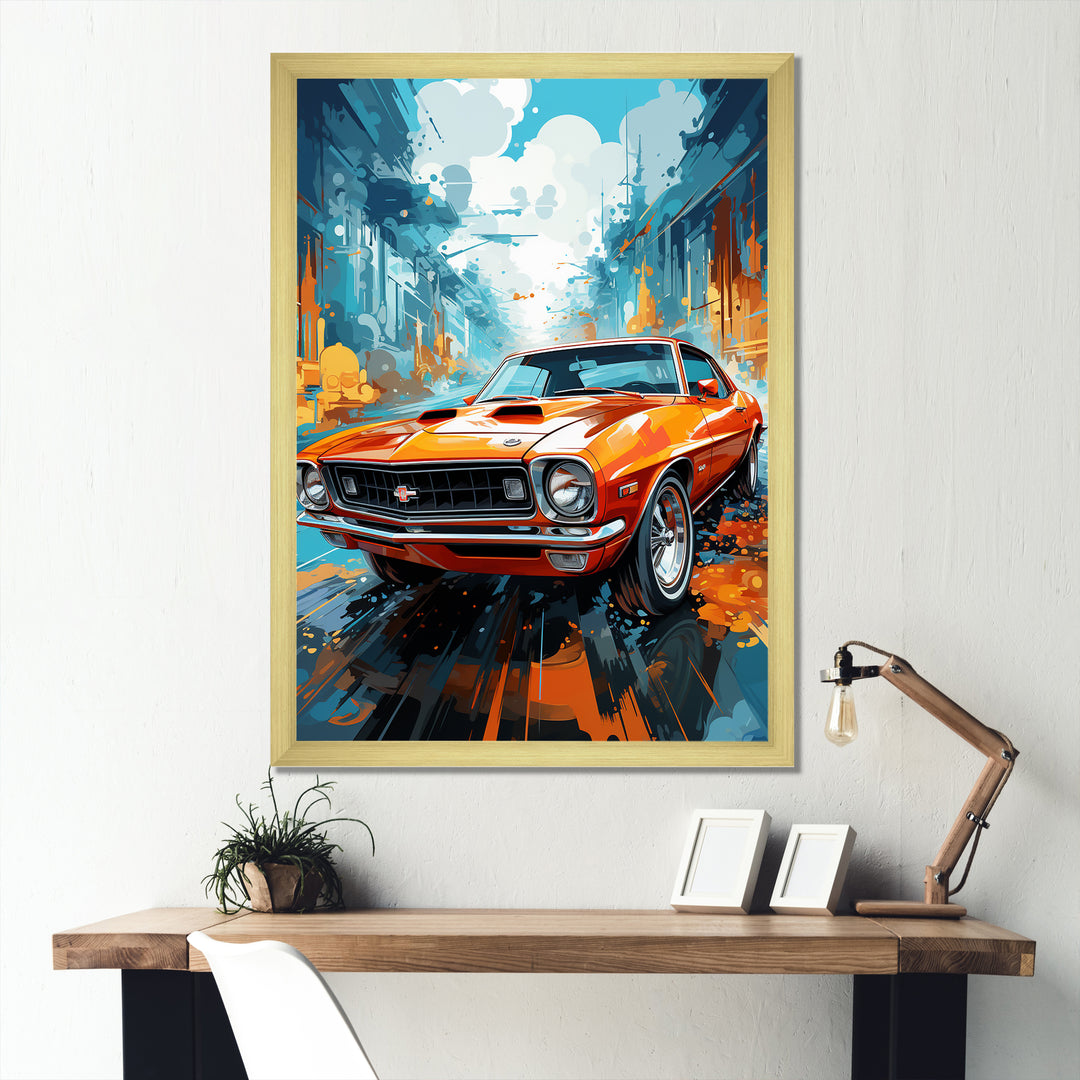 Orange American Muscle Car Collage - Car Vintage Canvas Wall Art