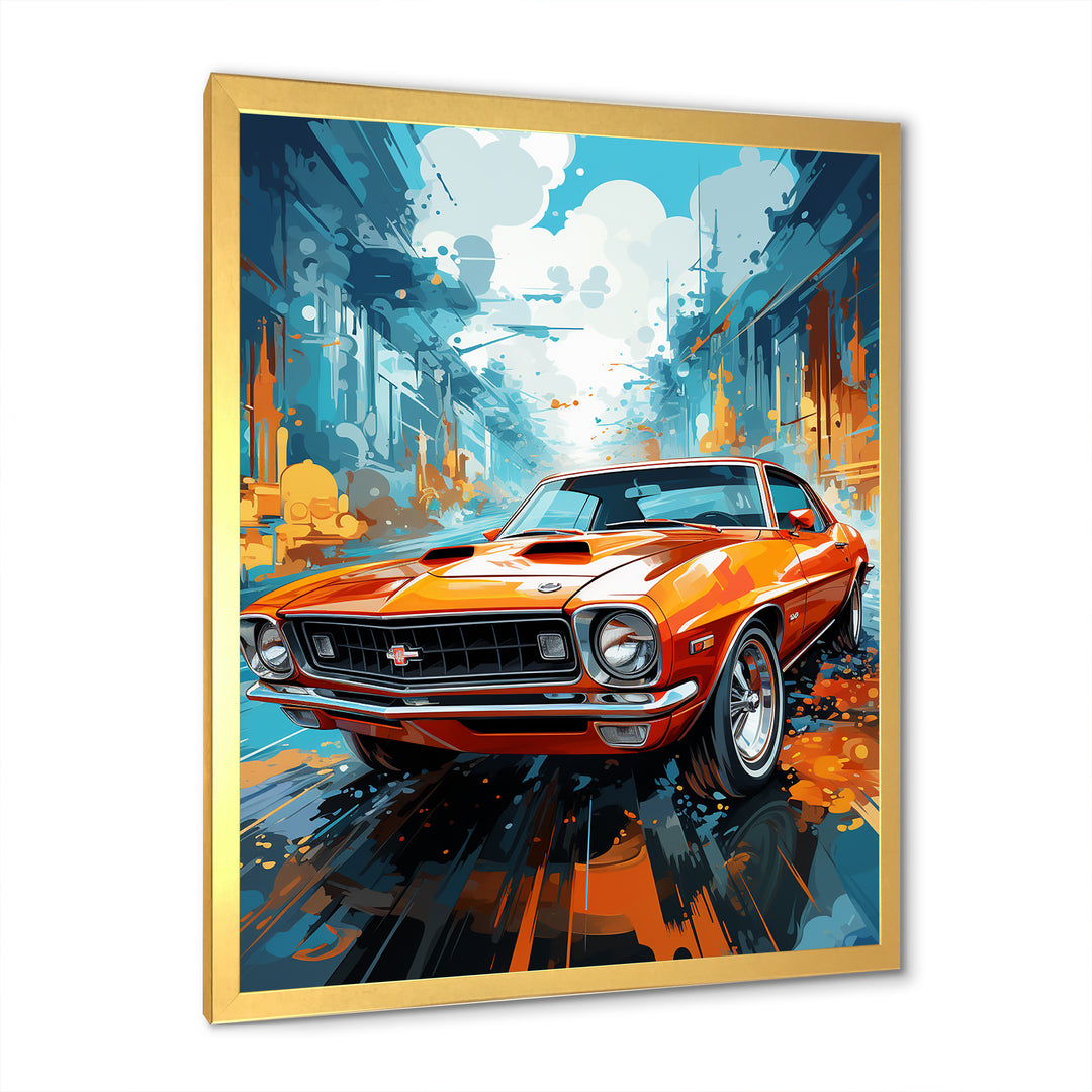 Orange American Muscle Car Collage - Car Vintage Canvas Wall Art