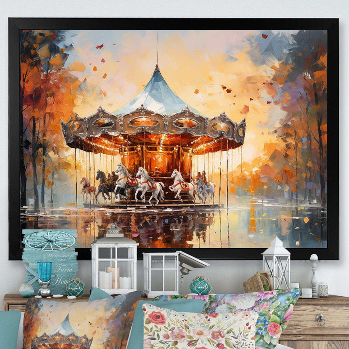 Carousel In Sunset Charm - Architecture Canvas Wall Art