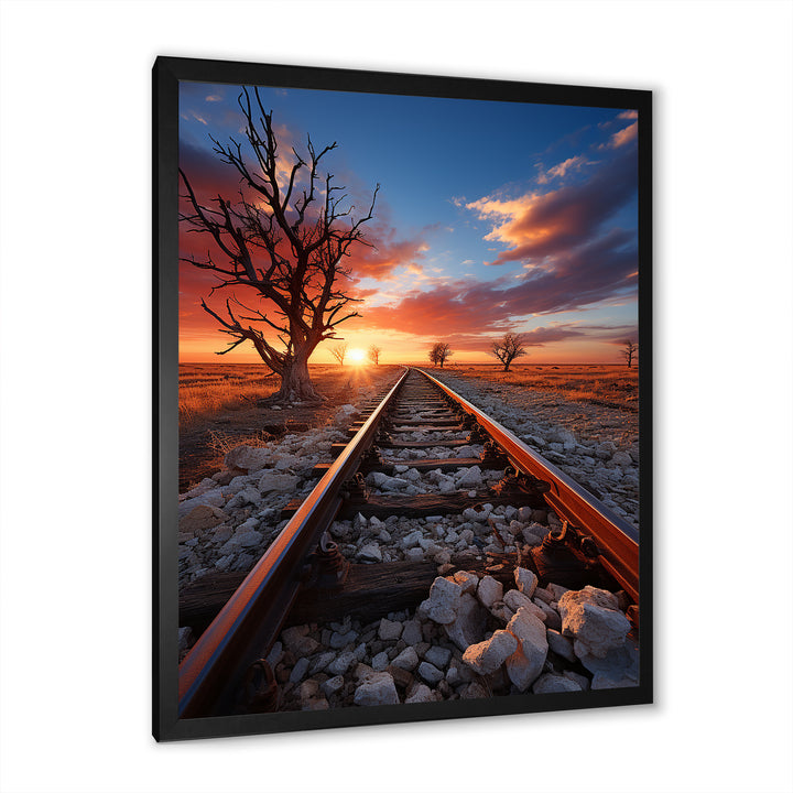 Railway Track In Sunset Landscape - Train Canvas Wall Art