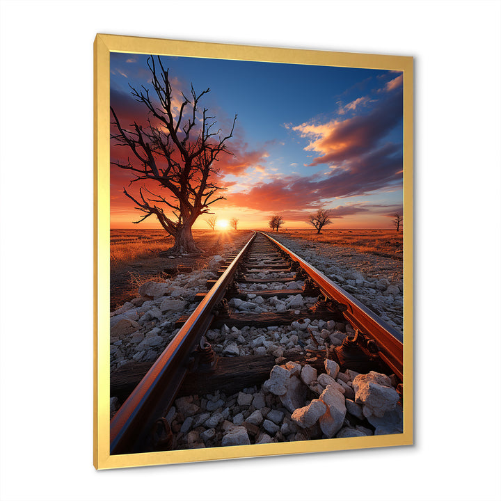 Railway Track In Sunset Landscape - Train Canvas Wall Art