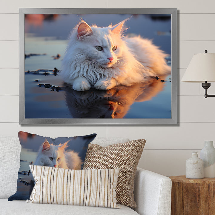 Cat Tranquility On Beach - Cat Framed Canvas Art
