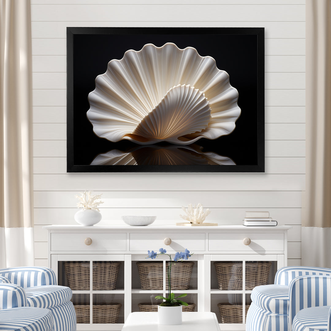 Monochrome Clam Deep Charcoal Ocean - White Clam Wall Art