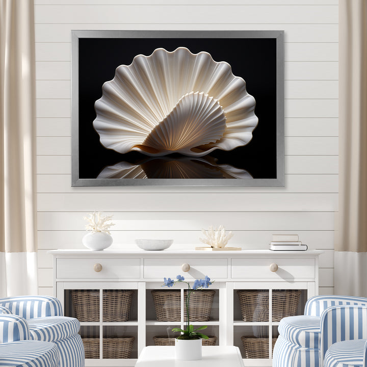 Monochrome Clam Deep Charcoal Ocean - White Clam Wall Art