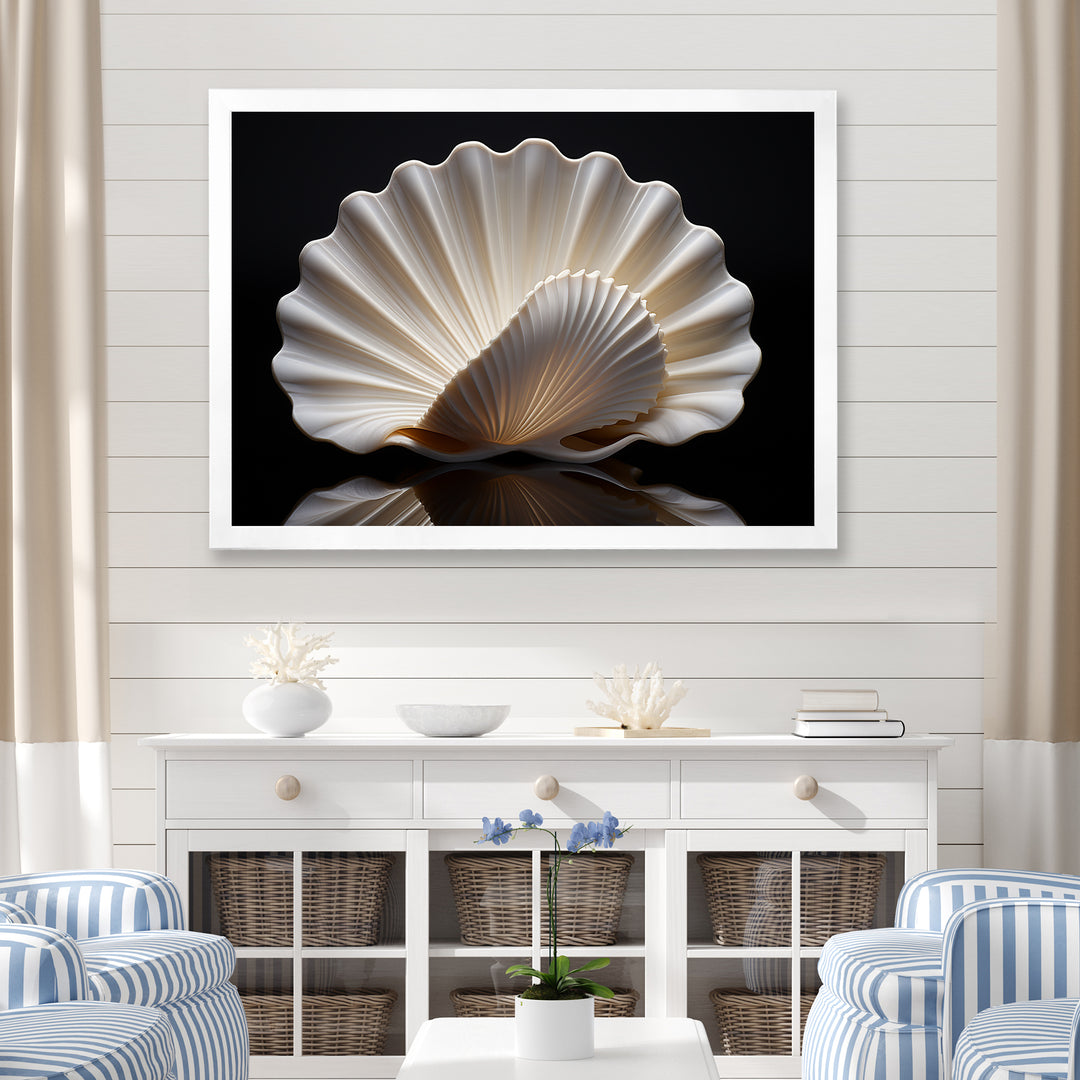 Monochrome Clam Deep Charcoal Ocean - White Clam Wall Art