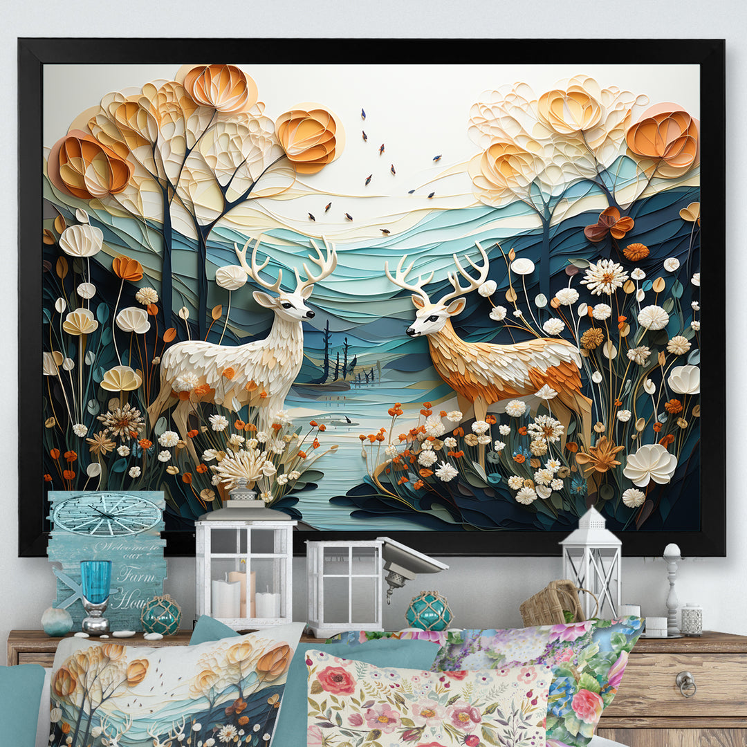 Modern Deer Couple Collage - Blue Deer Wall Art