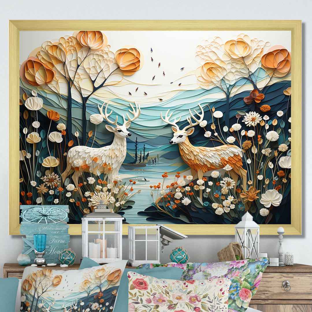 Modern Deer Couple Collage - Blue Deer Wall Art
