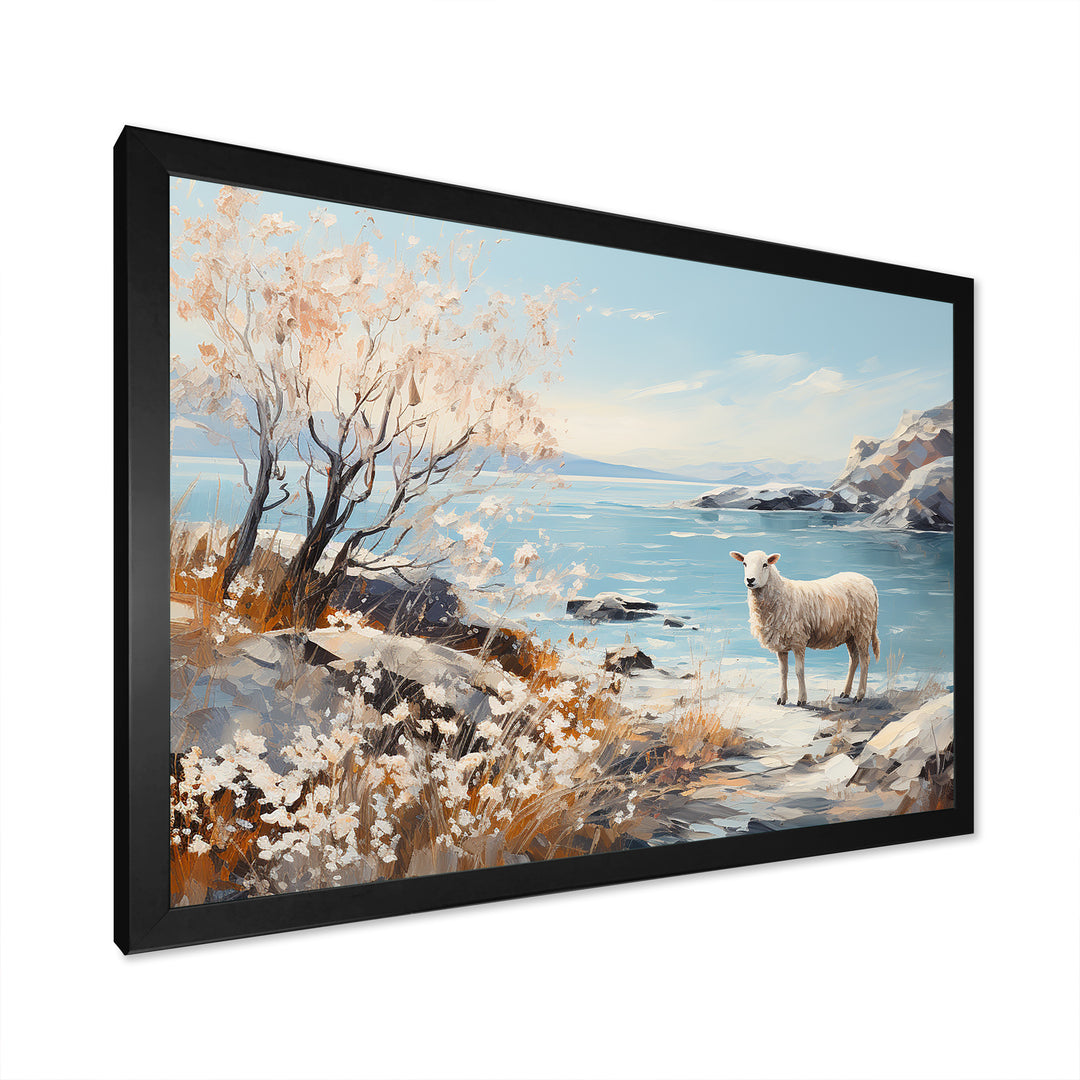 Minimalism Sheep On The Beach - Sheep Framed Canvas Art
