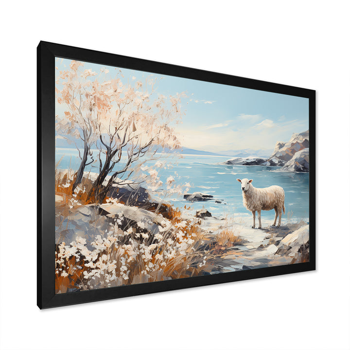 Minimalism Sheep On The Beach - Sheep Framed Canvas Art