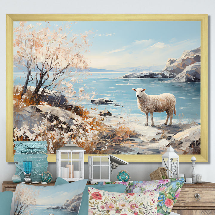 Minimalism Sheep On The Beach - Sheep Framed Canvas Art