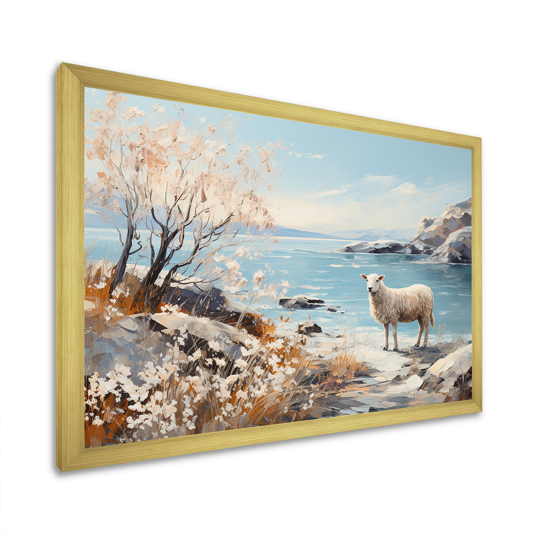 Minimalism Sheep On The Beach - Sheep Framed Canvas Art