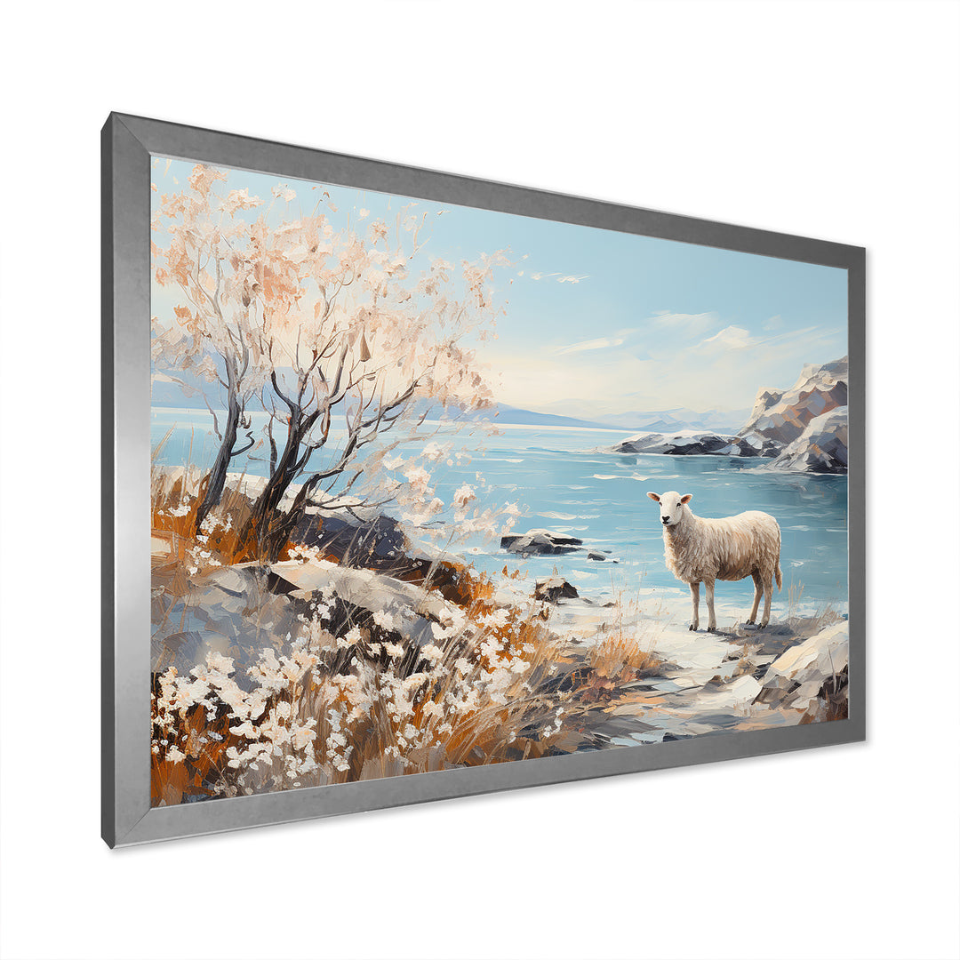 Minimalism Sheep On The Beach - Sheep Framed Canvas Art